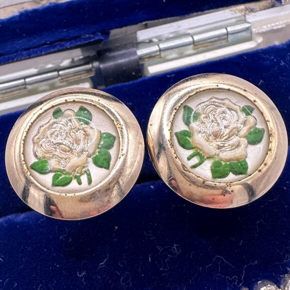 Vintage gold tone domed glass reverse painted intaglio roses cameos cufflinks - Picture 4 of 8